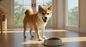 ドックフードやわかを見て食べたそうにしている柴犬