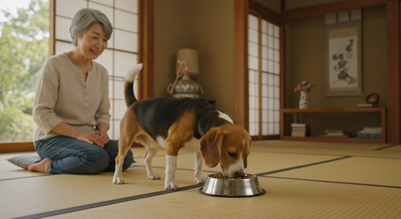 ドックフードやわかを食べる老犬ピーグル