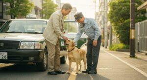 タクシーに乗る犬と飼主