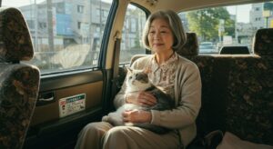ペット用タクシーに乗る猫と飼主
