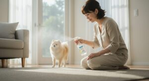犬用消臭剤ニオワンちゃんをスプレーで撒く