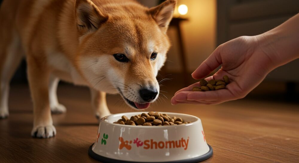 シニア犬用ドックフードを食べる柴犬